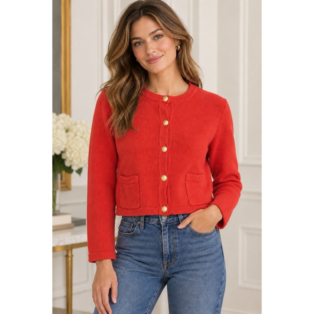J.Crew Emilie Patch Pocket Sweater Lady Jacket Classic Cardinal Red Gold Buttons